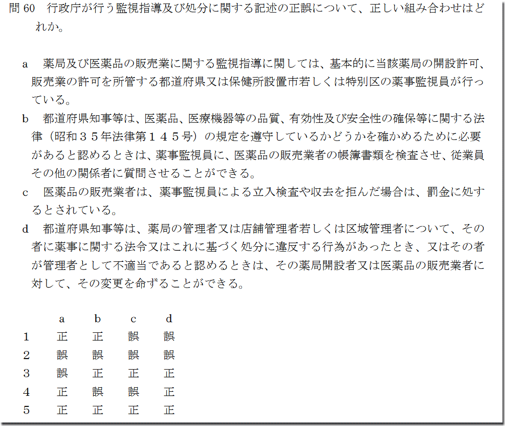 60問 監督処分 令和2年度 年度 広島県 登録販売者 過去問 解説